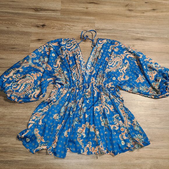 Free People size S Satin Mini Flare Dress Printed Arzel Draped long Sleeve - Picture 4 of 9